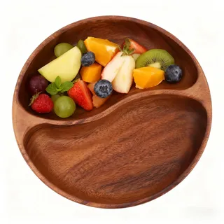 Dekoschale Salatschüssel aus Akazienholz, Holzschale Deko Obstschale Holz, Längliches Deko Brett Serviertablett Tischdekoration Holzablage Schlüssel Schale für Obst, Salate, Dip ((2 Fächer L 26cm))