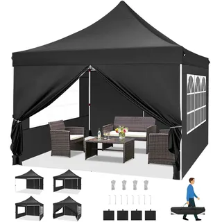 COBIZI Faltpavillon 3X3, Pavillon 3x3m Wasserdicht Stabil Winterfest, Faltbar Partyzelt mit 4 Seitenwänden & 4 Sandsack Pop up Gartenpavillon Anti-UV für Hochzeiten, Freien, Schwarz