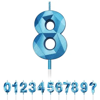 Geburtstag Nummer Kerzen, 3D Diamant Form Kuchen Kerzen Zahl 0 1 2 3 4 5 6 7 8 9 Glitzer Kuchen Topper Dekoration für Hochzeit Geburtstag Jubiläum Feier Abschluss (Blau, 8)