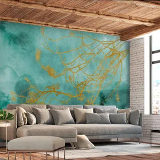 Kunstloft Vliestapete Türkis 450/315 cm , Goldfarben, Türkis , Textil , 450x1 cm , Tapeten & Wandverkleidungen, Vliestapeten