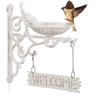 Relaxdays Vogeltränke WELCOME Schild, Gartendeko, Wandmontage, Futterstelle, Wasserschale f. Wildvögel, weiß