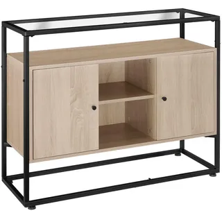 Tectake tectake® Sideboard, Oldham Industrial Style, Glasplatte, offenes Fach, 2 Staufächer mit Magnettüren und 3 Einlegeböden, 100 x 38 x 80,5 cm