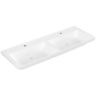 Villeroy & Boch Subway 3.0 Schrank-Doppelwaschtisch, 2 Hahnlöcher, ohne Überlauf, ungeschliffen, 1300x475mm, 4A71D101, Farbe: weiß-alpin