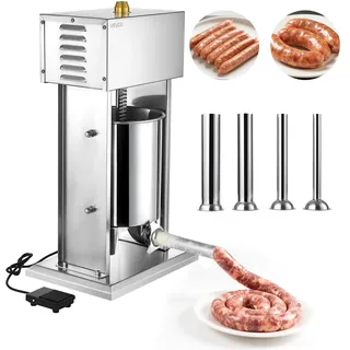 Vevor elektrischer Wurstfüller 10 L Wurstfüllmaschine Fleischfüller mit stufenloser Geschwindigkeitsregelung & Pedal, Hochleistungsfüller aus Edelstahl mit 4 Wurstfüllrohren, Fleischfüllen