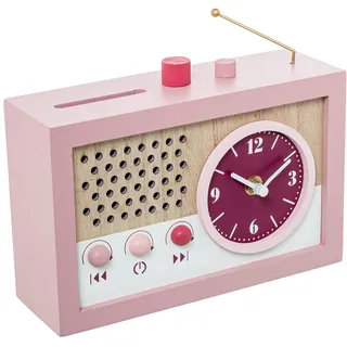 DRW Spardose aus Holz in Radio-Form in Rosa und Natur, 18 x 7 x 22 cm