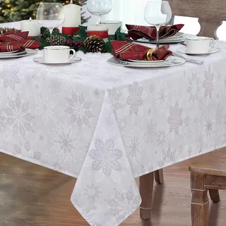 Yrendenge Weihnachten Grau Tischdecke, Schneeflocken Wasserdichtes Tischtuch Rechteckig Lotus Effekt, Blumen Waschbar Faltenfrei Tischdecken für Urlaub Abendessen Party, 130x220cm