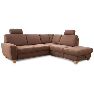 Cavadore Ecksofa Wisconsin mit Vorziehsitz / Eckcouch mit Federkern / Inkl. 2 Kopfstützen + Bettkasten / Landhausstil / Holzfüße in Buche / Mikrofaser / Größe: 248 x 88 x 218 cm (BxHxT) / Farbe: Braun
