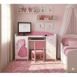 Happy Babies Kinderschreibtisch 125x89x60 Klein Arbeitstisch Büro weiß Rosa Computertisch mit Tastaturablage Kindermöbel mit Schubladen Kinder Muster - Rosa