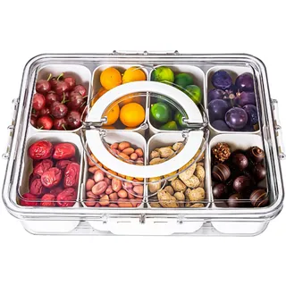 Snackbox mit 8 Fächern & Deckel - Tragbare Snackschale mit Griff, Luftdicht & Spülmaschinenfest, Snackteller aus PP für Gewürze Süßigkeiten Nüsse & Obst - Ideal für Picknick & Reise