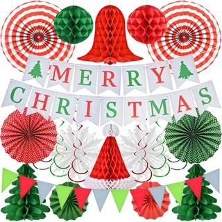 AhfuLife Weihnachtsdeko Set, Wiederverwendbare Weihnachten Deko Papier- Christmas Decorations, Weihnachtsdeko Innen - Weihnachten Banner Girlande, Faltung Weihnachtsbaum Weihnachtsmütze Schneeball