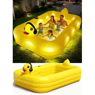 KingSom Aufblasbarer Pool mit Poolbeleuchtung, Solar Enten Planschbecken Groß für Kinder und Erwachsene, Aufstellpool Pool Rechteckig für Sommer, 254 x 160 x 56 cm Familienpool Aufblasbar für Garten