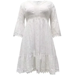 Weißes Boho Kleid Damen Sommer Kurz Strandkleid Elegant Spitze Freizeitkleid Lose A-Linie Minikleid Freizeitkleid