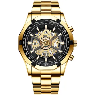 JewelryWe Herrenuhr Edelstahl Leuchtend Uhr: 30m Wasserdicht Kalender Analog Quarz Armbanduhr Herren Gold Edelstahlband Imitation Mechanische Skelett Uhr mit Achteckig Lünette & Gold Leuchtzeiger