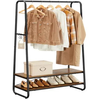 VASAGLE Kleiderständer, Garderobenständer, Garderobe, 2 Ablagen, 6 Haken in S-Form, Stahlgestell, 45 x 100 x 160 cm, für Schlafzimmer, Flur, Eingangsbereich, vintagebraun-schwarz RGR112B01
