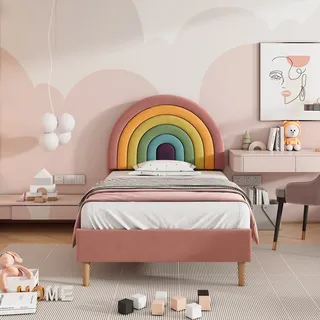 Flieks Polsterbett 90x200cm, Einzelbett Kinderbett mit Regenbogenförmigem Kopfteil, Jugendbett Holzbett mit Lattenrost, Samt, Rosa - Rosa