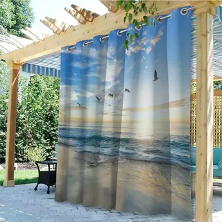 Linfye Outdoor Vorhang Wetterfest 2 Stück B132xH240cm Wasserdicht Meerblick | Wasserdicht, 3D Maritimes Design, Outdoor Vorhänge Gardinen mit Ösen als Sichtschutz für Balkon, Pergola, Terrasse & Garten