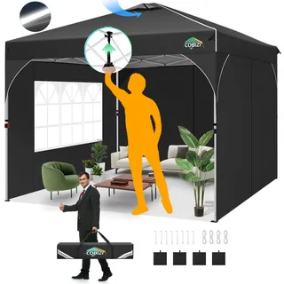 COBIZI Pavillon 3x3 Faltpavillon wasserdicht Winterfest, EIN-Tasten-Zentralverriegelung Partyzelt Faltbar Anti-UV mit Fluoreszierenden Streifen, 4 Seitenwänden, 3 Höhenverstellbar,Gartenzelt, Freien