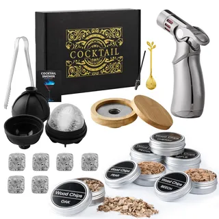 Cocktail Smoker Set mit Brenner, Old Fashioned Räucher-Set, Whiskey Räucherset mit 6 Holzchips, Geschenk für Papa, Ehemann und Cocktail-Liebhaber (ohne Butan) (Silikonkugel & Granitsteine)