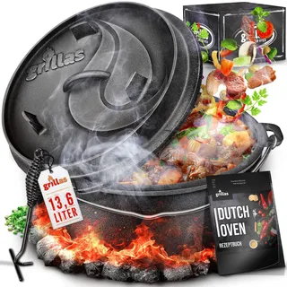 grillas® Dutch Oven Set inkl. Rezeptideen 13,6 Liter | bereits eingebrannt | Feuertopf Gusseisen für 14-20 Personen I Bräter mit Deckelheber & Henkel | Schmortopf Grill, Briketts, Lagerfeuer & Outdoor