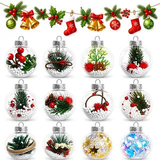 Weihnachtskugel, FainFun 12 Teiliges Weihnachtsbaum Kugeln Set, Weihnachtskugeln zum Befüllen, Einfach zu Hängen, Christbaumschmuck, Mehrweg Weihnachtskugeln Plastik (Transparent)