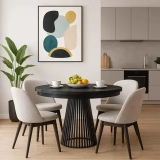 Runder Tisch LUMI Ø 100–180 cm ausziehbar, Metallbeine, Loft-Stil, Farbe: Schwarz/Schwarz - Schwarz