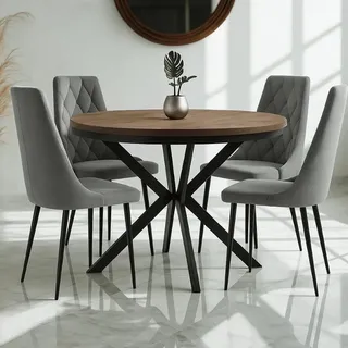 Runder Ausziehbarer Tisch für Esszimmer ENDIK mit Ring-Gestell und Metallbeinen, Durchmesser: 100 / 200 cm, Farbe: Eiche Lefkas / Schwarz - Braun, Schwarz
