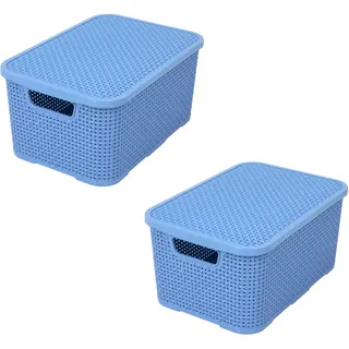 BranQ - Home essential Korb mit Deckel in Rattan Design 2er Set Grösse L 19 l, BPA-frei Kunststoff PP, Denim Blau, 38x27,8x18,5 cm, 2 Stk.