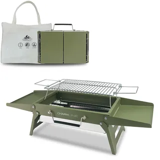Charmline 35x23cm Klein Foldable Portable Holzkohlegrill, Kompakte Tragbare Grill für Den Außenbereich, BBQ Grill für Camping, Picknicks, Gärten und Strand Parteien, Grün