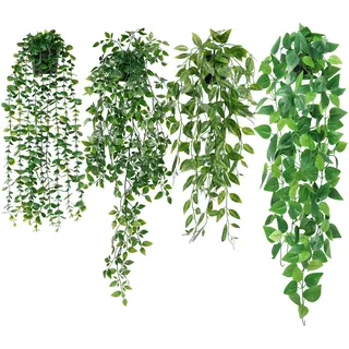 Betylifoy 4 Stück Künstliche Hängepflanzen Eukalyptus Blätter mit Töpfen 70cm Lang Wartungsfreie Künstliche Pflanzen Rebe für Hausgarten Indoor Outdoor Decor(Pothos)