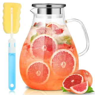SUSTEAS 3.0 Liter 101 Unzen Wasserkaraffe, Glaskaraffe mit Deckel und Breitem Griff, Leicht zu Reinigender Glaskaraffe für den Kühlschrank, Wasserkrug für Eistee/Milch/Kaffee/Wein, Karaffen Mit Bürste