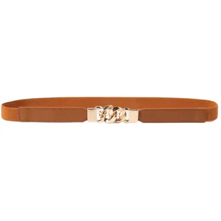 Aniyan Skinny Elastischer Taillengürtel Damen, Schmaler Stretch PU Leder Gürtel mit Doppelring Schnalle Gold für Kleid Rock Bluse(Kamel)