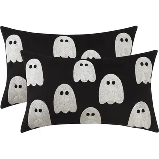 2 Stück Halloween Geist Kissenbezüge aus Samt 30x50cm Herbst Lendenkissen | Dekokissen Schwarz für Party Halloween Indoor Outdoor Decor Couch Überwurf Kissen Fälle Sofa Heimdekoration Wohnkultur