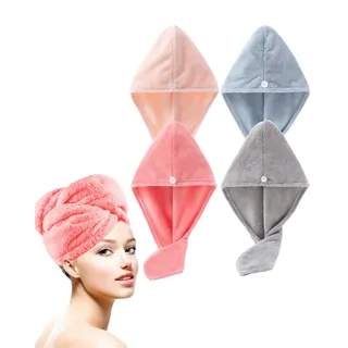 Lumimi 4 Stück Set Haarturban Kopfhandtuch aus Mikrofaser Weich Angemehm Extra Saugfähig Schnelltrocknend Praktisch mit Knopf Geschenk Rosa Grau Hellrosa Hellblau