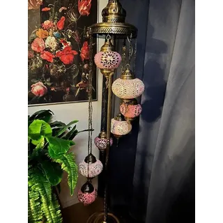 Prachtige türkische Stehlampe in lila, fuchsia und rosa mit 7 handgeblasenen Glaskugeln