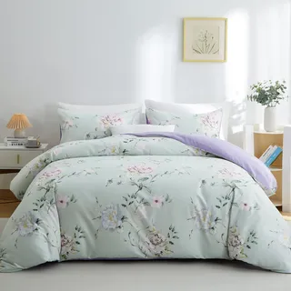 BOLINLIVING Bettbezug mit Blumenmuster, Queen-Size-Größe, 3-teilig, Blumen-Bettbezug mit 2 Kissenbezügen, weiches Blumen-Bettwäsche-Set, Salbeigrün und Lila, für alle Jahreszeiten, atmungsaktiv,