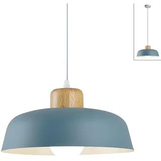 HJXDtech ⌀30cm Pendelleuchte Esstisch, Moderne Bunt Hängeleuchte aus Metall & Holz E27-Fassung, Höhenverstellbar Hängelampe für Küchen, Esszimmer, Schlafzimmer & Wohnzimmer (Nebelblau)