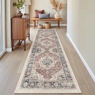 DEXI Läufer Flur Teppich 60 x 210 cm, Küchenläufer Lange waschbar rutschfest, Schmutz & Wasser Aufnehmen Dünne Vintage Teppichläufer für Hauseingänge, Küche, Waschküche, Beige