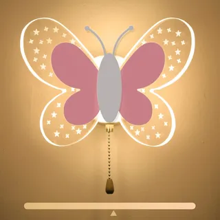 LED Wandleuchte Kinderzimmer Mädchen Innen Dimmbar mit Schalter für Kinder | 16W Rosa Weiß Schmetterling Transparent Acryl Lampenschirm 3 Farbtemperatur Deko Karikatur Innenwand Leuchte für Kinder