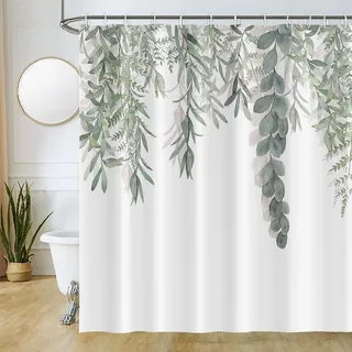 Uiiooazy Duschvorhang 180x180cm Anti Schimmel Grün Eukalyptus Textil | Duschvorhang Salbeigrün Blätter Pflanzen Wasserdicht Waschbar Stoff Polyester Bad Vorhang mit 12 Haken für Badezimmer