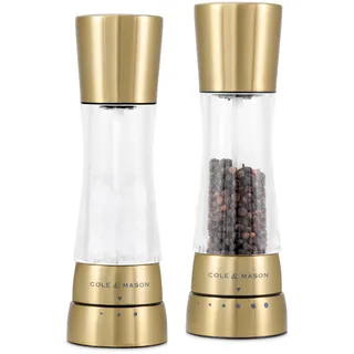 Cole & Mason Derwent Gold Salzmühle und Pfeffermühle, Gewürzmühle, 2er Set Manuell mit einstellbarem Keramik-Mahlwerk, Edelstahl/Acryl, 190mm, Precision+, Geschenkset