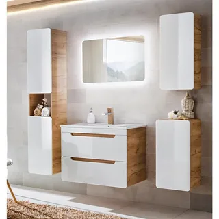 Badezimmer Möbel Set 5-teilig Hochglanz weiß inkl. 81 cm Keramikwaschtisch LUTON-56, B/H/T ca. 181/200/46 cm - Weiß