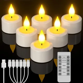 Yme LED Teelichter Wiederaufladbar mit Timer, 6er LED Flammenlose Kerzen Aufladbar Flackernd Dimmbar mit Fernbedienung und 6-Port USB-C Ladekabel für Zuhause Zimmer Halloween Weihnachten Party Deko