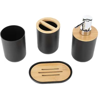 4-teiliges Badezimmer-Zubehörset, Bambus + Kunststoff, Inklusive Zahnbürstenhalter, Seifenschale, Pumpflaschen und Mundwasserbecher(Schwarz)