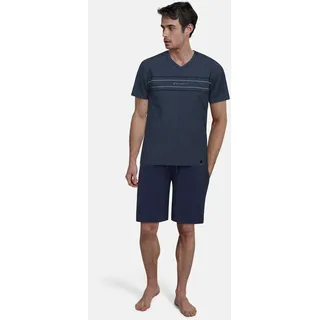 Shorty BUGATTI "Turin", Herren, Gr. 52, blau (blau, mittel, meliert), Jersey, Obermaterial: 87% Baumwolle, 8% Polyester, 5% Elasthan, meliert, bequem kniefrei, V-Ausschnitt, Homewear-Sets Shorty, V-Ausschniitt, Kurzarm, kurze Hose, mit Logo, Baumwollmix
