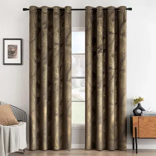 MIULEE Samt Vorhänge Mit Goldfolie Blätter Muster, 2 Stück Taupe Gardinen Mit Ösen, 225 cm Hoch, Superweich Blickdicht für Deko Wohnzimmer Schlafzimmer, Schöne Samtvorhang