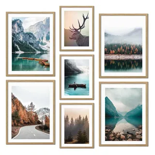 ag.art deco® Poster Set 7 Alpen Wandbilder | Berge, Wald, Braies See, Weg, Boote, Hirsch | Mehrteilige Braun Wanddeko Wohnzimmer & Schlafzimmer | ohne Rahmen