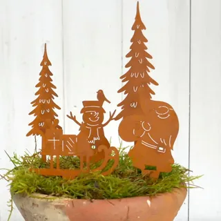 Storm's Gartenzaubereien Gartenstecker Weihnachtsmann mit Schlitten Tannenbäumen und Schneemann in Rostoptik zum Stecken klein Topfstecker