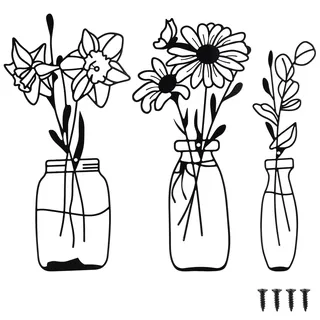 LiYiJiKeJi 3 Stück Metall Wanddeko Schwarz, Blume und Vase Deko Wanddekoration, Metall Wand Deko, Minimalistische Wandkunst Schwarze für Schlafzimmer Wohnzimmer Esszimmer Hängende Deko (Blume Vase)