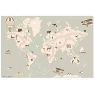 MuchoWow Kinderteppich Weltkarte - Tiere - Flugzeug - Kind - Heißluftballon 180x120 cm , Kunststoff , Rechteckig , 180x120 cm , Ce , rutschfest , Teppiche und Böden, Teppiche, Kinderteppiche