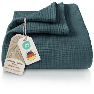 LAYNENBURG Premium Musselin Tagesdecke 180x220 cm - 100% Baumwolle - extraweiche Baumwolldecke als Kuscheldecke, Bett-Überwurf, Sofa-Überwurf, Couch-Überwurf - warme Sofa-Decke (Blau Mirage)